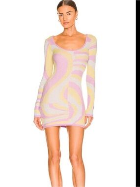 NWT Superdown Kia Low Back Dress Groovy pink yellow Knit Long Sleeve Dress Small